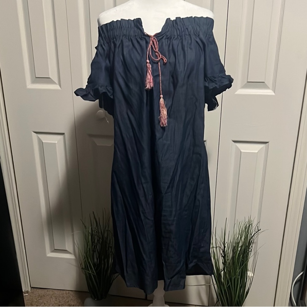 Wrapper Off-Shoulder Navy Dress with Pink Tie